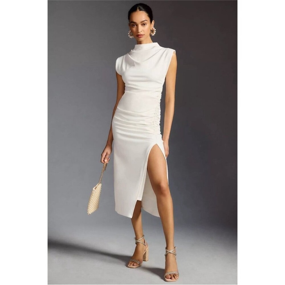 Anthropologie White Ruched Sheath Dress with Slit Maya Dress